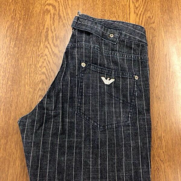 【FE046】ARMANI JEANS W28 ストライプ柄カラーパンツ インディゴ シンチバック ストレッチ 股上浅め ブランド古着 アルマーニ 送料無料