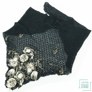 [ beautiful goods ] Kaneko Isao * triangle shawl stole knitted lacework adult pretty . flower motif! rare Vintage! black series *k2597