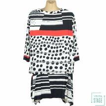 【美品】Liliane Burty★フェミニン♪七分袖チュニック 大きいサイズLL ストレッチ素材 重ね着風 ドット&ボーダー♪黒×白系 z7453_画像6