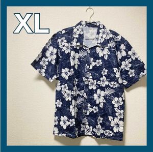 アロハシャツ 総柄 半袖シャツ シャツ 半袖 ハイビスカス柄 ネイビー 花柄 XL ハワイアンシャツ 柄シャツ メンズ 男女兼用
