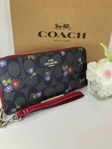 新品　未使用　COACH コーチ 　ブラックシグネチャー　フローラル　長財布　箱、紙袋付き