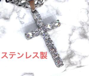 1円出品 定価3980円 メンズネックレス クロスネックレス 金属アレルギー対応 ステンレス シルバー silver プラチナ 60㌢