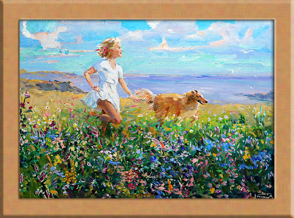 कुत्ते के साथ दौड़ती महिला A3 रूस, चित्रकारी, तैल चित्र, प्रकृति, परिदृश्य चित्रकला