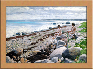 Art hand Auction Beach landscape with women A4 Denmark, Painting, Oil painting, others