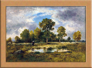 Art hand Auction View of a pond with a farmer woman B4 France, Painting, Oil painting, Nature, Landscape painting