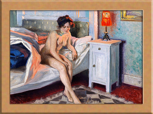 Art hand Auction Женщина, сидящая на кровати А4 Дания, Рисование, Картина маслом, Портреты