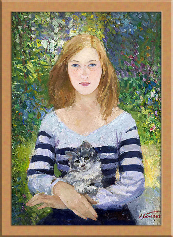 고양이 A4 러시아를 가진 여자, 그림, 오일 페인팅, 초상화