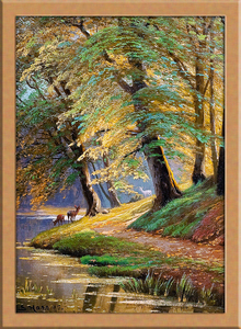 Art hand Auction Forest view with deer A4 Denmark, Painting, Oil painting, others