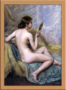Art hand Auction 拿镜子的女人 A4 法国, 绘画, 油画, 肖像