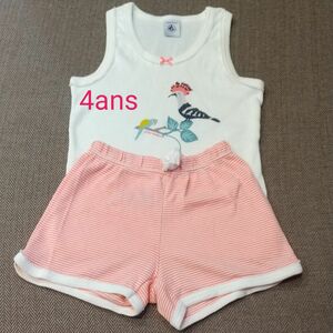 PETIT BATEAU 中古品 プリント ノースリーブ パジャマ タンクトップ & ショートパンツ プチバトー 4ans