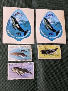 ■同梱可　クジラ　鯨　消印無　未使用切手　海外古動物切手　５枚　