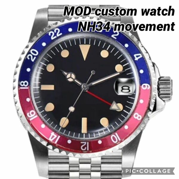 NH34 GMT MOD 自動巻 腕時計 ノーロゴ 24時間 本格 ビンテージ デイト 黒 ペプシカラー