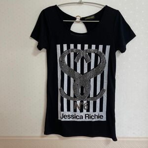 Jessica Richie 半袖　Tシャツ　フロントビジュー付　トップス 黒 カットソー ブラック ロゴ