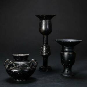 br10653 中国美術 薄胎 黒釉 花瓶 壺 ３点セット 陶器 古陶 総重量 222.2g