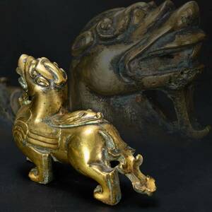 br10652 中国美術 古銅製 鍍金獣形置物 唐物 銅製 18.5x7cm高 13.5cm 重1624.4g