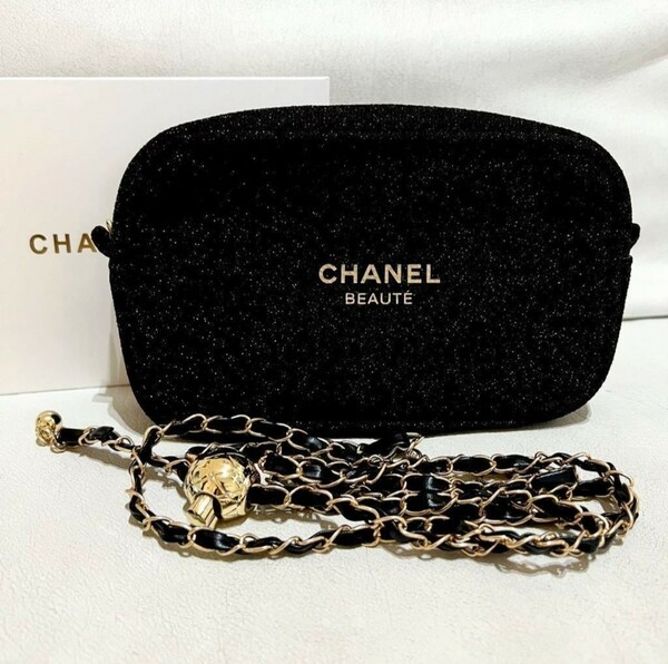 シャネル ノベルティ ショルダー ポーチ CHANEL 2way ロゴ ブラック　黒　チェーン付き　箱付き　新品未使用品