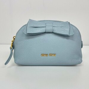 1円～　60　A-11　miu miu　ミュウミュウ　リボン　レザー　ポーチ　マルチケース　ゴールド金具　小物入れ　