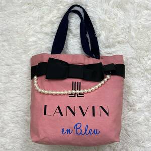 1円～　60　A-11　LANVIN en bleu　ランバンオンブルー　ハンドバッグ　トートバッグ　レディース　キャンバス　リボン　パール