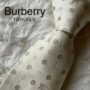 【美品】BURBERRY バーバリー　ネクタイ　ホースロゴ　総柄　ドット　モノグラム　パターン柄 シルバー 高級　光沢　肉厚　ビジネス　