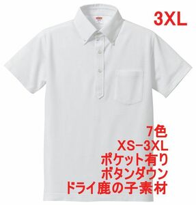 ポロシャツ XXXL ホワイト ボタンダウン 半袖 ドライ 鹿の子 綿ポリ 無地 吸水 速乾 カノコ 胸ポケット有 A511 3XL 4L 白 白色