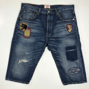 LEVI'S リーバイス 501 デニムハーフパンツ　デニムパンツ　ジーパン　ダメージ加工　ワッペン　ユーズド加工　W34 35-24a