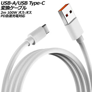 USB-A/USB Type-C 変換ケーブル ホワイト 2m 100W シリコン素材 オス-オス PD急速充電対応 AP-UJ0989-2M