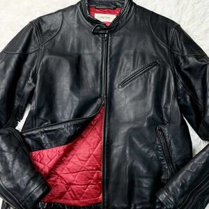 L size UNITED ARROWS Single Rider's black cow leather double Zip quilting red United Arrows black leather jacket 