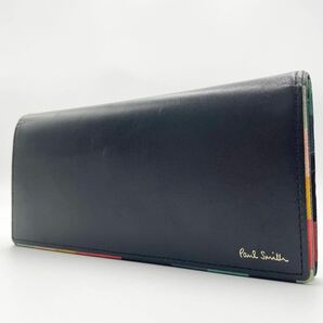 Paul Smith【美品】長財布 黒 マルチストライプ ビジネス メンズ ポールスミス ロングウォレット wallet 折り財布 レザー