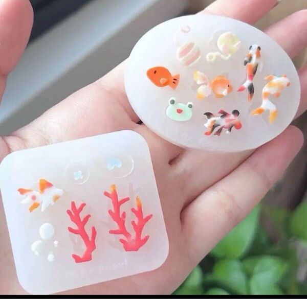 シリコンモールド 魚 金魚 カエル 海藻 海 ネイル パーツ 夏 レジン型 トレカケース デコレーション デコパーツ
