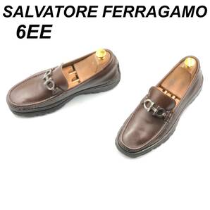 即決 SALVATORE FERRAGAMO フェラガモ 24cm 6EE メンズ レザーシューズ ローファー ガンチーニ 茶 ブラウン 革靴 皮靴 ビジネスシューズ