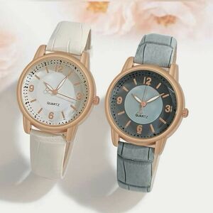 2個セット 女性 ラグジュアリー ファッション ローズゴールド ホワイト & ライト ブルー 高貴な エレガント　レザー 腕時計 