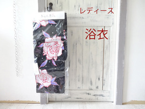 新品【Yukata Farm】レディース 浴衣 バラ 薔薇 花柄 黒 水玉模様 