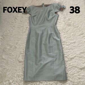 フォクシー　 FOXEY ノースリーブ ひざ丈 リボンキャップスリーブ　ワンピースライムグリーン　38