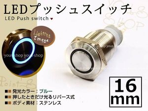 埋込式モーメンタリ リング プッシュスイッチ イルミ 16mm 青 LEDリング ステンレスボディ 表面防滴仕様 イルミ 12V