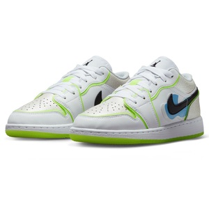 ☆NIKE AIR JORDAN 1 LOW SE GS 白/淡銀/黒/蛍光黄/薄青 23.0cm ナイキ エア ジョーダン 1 ロウ SE グレードスクール DV1324-117