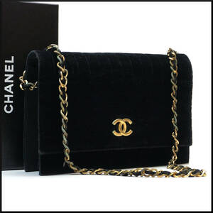 1円 CHANEL シャネル マドモアゼル ベロア フラップ チェーン ショルダー バッグ レザー レディース ゴールド 金具 ブラック 黒