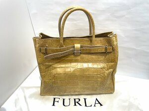 ★FURLA　フルラ　トートバッグ　ハンドバッグ　クロコダイル型押し　ベージュ系　レディース　レザー　中古★003257