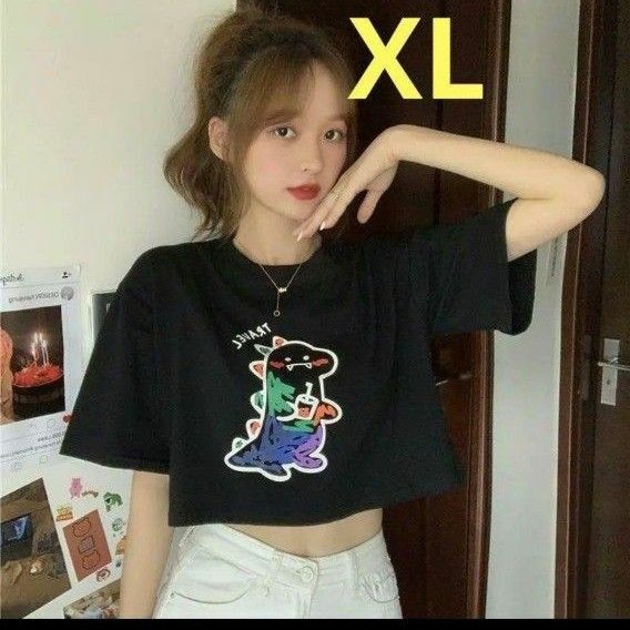 新品　夏　XL　黒　Tシャツ　半袖　短め　レディース　ロゴ　大きめ ゆったり