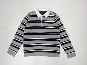 16．00s トミーヒルフィガー ボーダー柄 長袖 ニット ラガー シャツ ポロシャツ ロングスリーブ TOMMY メンズM グレー白紺x502