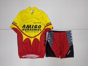 13．パールイズミ 日本製 AMIGO KURASHIKI サイクリング ウェア 上下 セット ハーフジップ シャツ パンツ PEARL IZUMI メンズL 黄赤x509