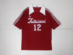 10．アディダス 70s デサント製 Tsutuidai 襟付き サッカー ユニフォーム ゲーム シャツ 80s ヴィンテージ メンズL 赤白x602