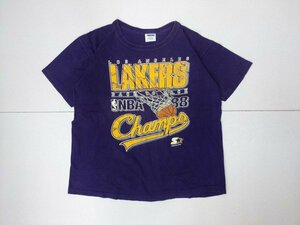 14．レイカーズ USA製 80s STARTER 白タグ シングルステッチ プリント 半袖 Tシャツ バスケットボール NBA スターター メンズL 紫黄x601