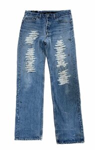 Levi's リーバイス 501 リメイク　カスタム　スカル　チェック　クラッシュ　デニム パンツ メンズ w35 ジーンズ ☆ちょこオク