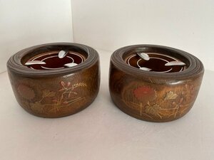 石川県 伝統工芸 金沢桐工芸 蒔絵付 桐灰皿 一対 天然木 火鉢 鉢カバー ② ☆ちょこオク☆80