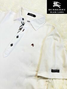 【日本製】BURBERRY BLACK LABEL バーバリーブラックレーベル ポロシャツ 白 サイズ3（L）三陽商会 鹿の子 ホース刺繍 前立チェック