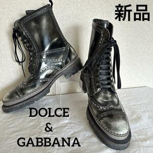 【新品未使用】 DOLCE＆GABBANA ドルチェ&ガッバーナ アンティークプリントエナメルレザーブーツ 黒 7 1/2 26.5cm メンズ