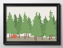 14873■送料無料!!アートポスター　絵画　A3サイズ『フォレストキャンプ　アウトドア　テント　森林』イラスト　北欧　マット紙_画像1
