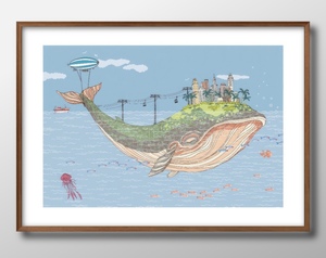 14685■送料無料!!アートポスター　絵画　A3サイズ『スリーピーホエール　鯨　クジラ』イラスト　北欧　マット紙