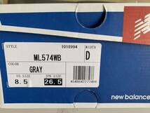 【016】new balance　　ニューバランス　メンズ　シューズ ML574-WB GRAY 8.5/26.5cm_画像6