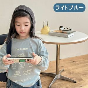 ライトブルー 90cm リブ付き カジュアル 長袖 Tシャツ 韓国子供服 キッズ 男の子 女の子 ボーイズ ガールズ 可愛い 春秋冬 80cm 90cm 100cm